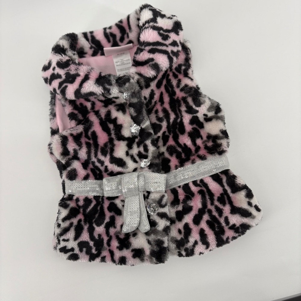Little Lass Toddler Girls 12M Pink Black Leopard Faux Fur Vest Bow Belt